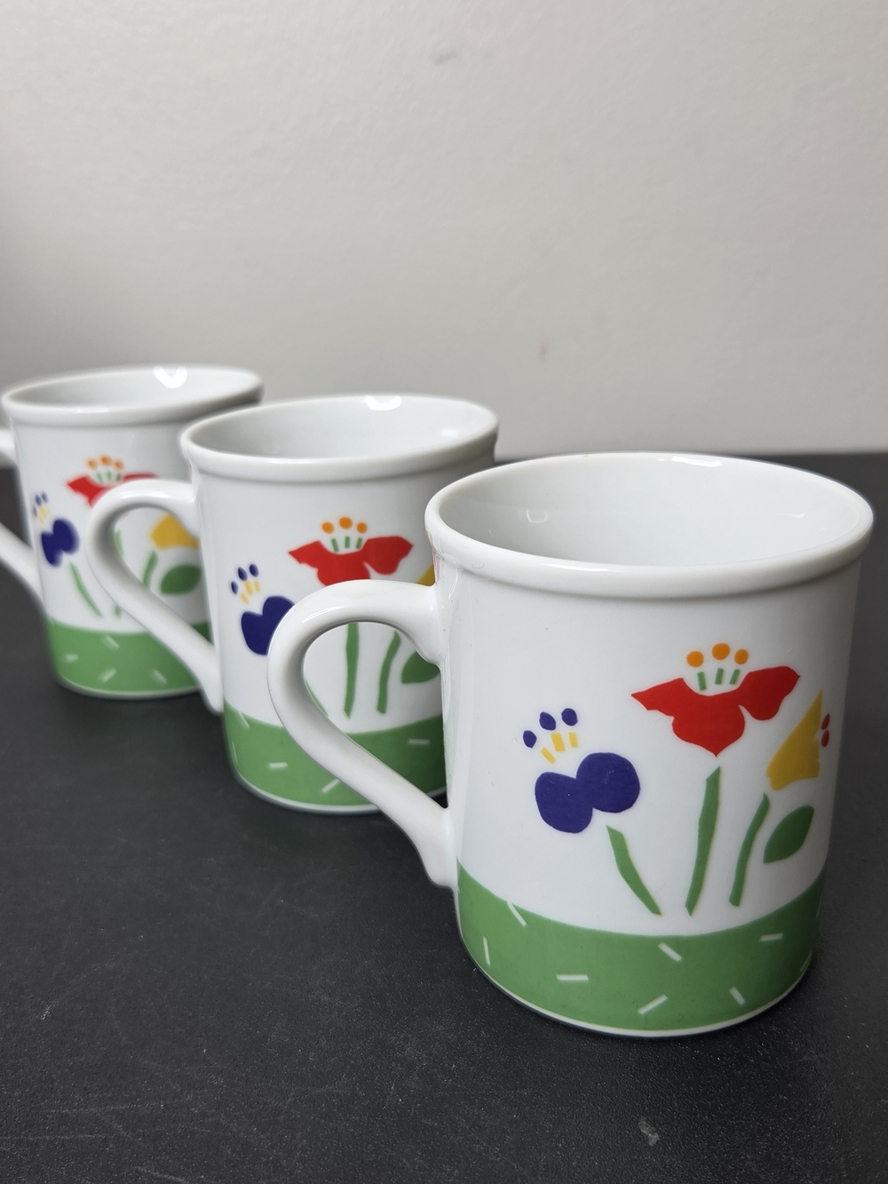 Vintage Set Of 3 80's Mod Colorful Poppy Flower Mugs